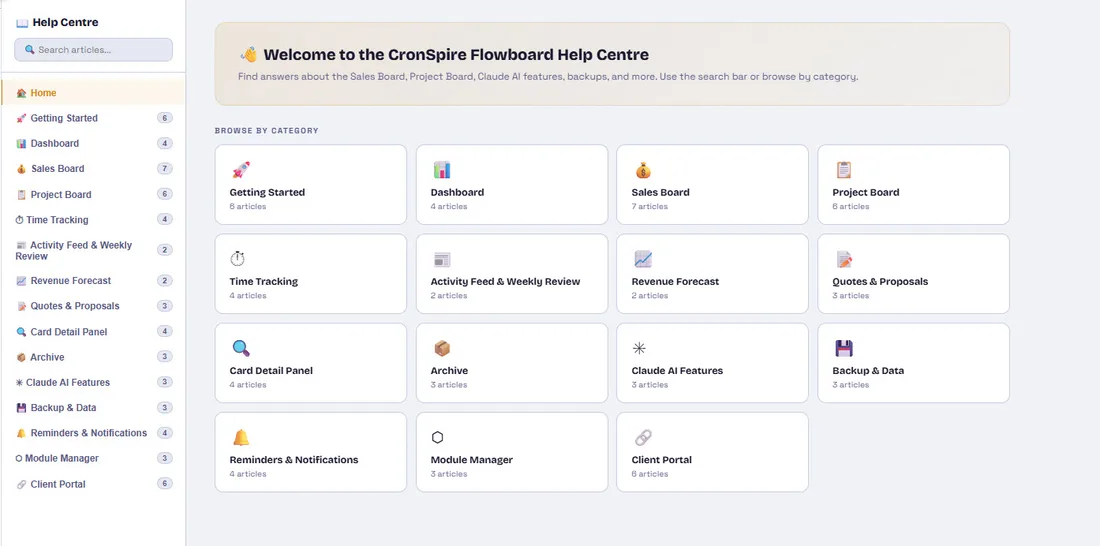 CronSpire Flowboard help centre — searchable knowledge base covering every feature of the freelancer project management and CRM app