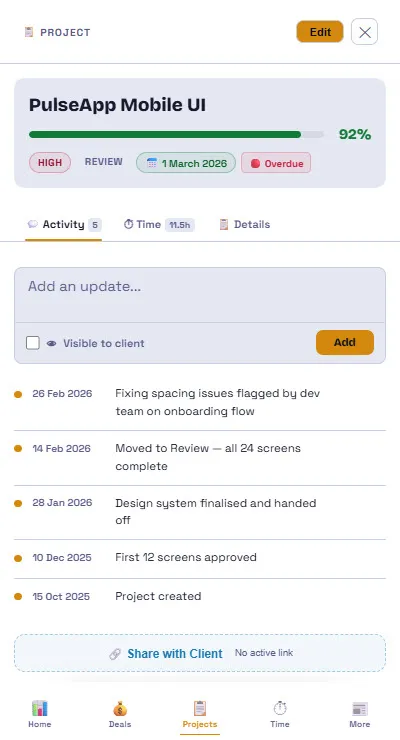 CronSpire Flowboard mobile project detail on smartphone