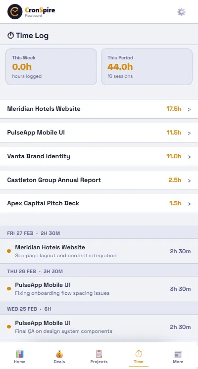 CronSpire Flowboard mobile time tracking log on smartphone